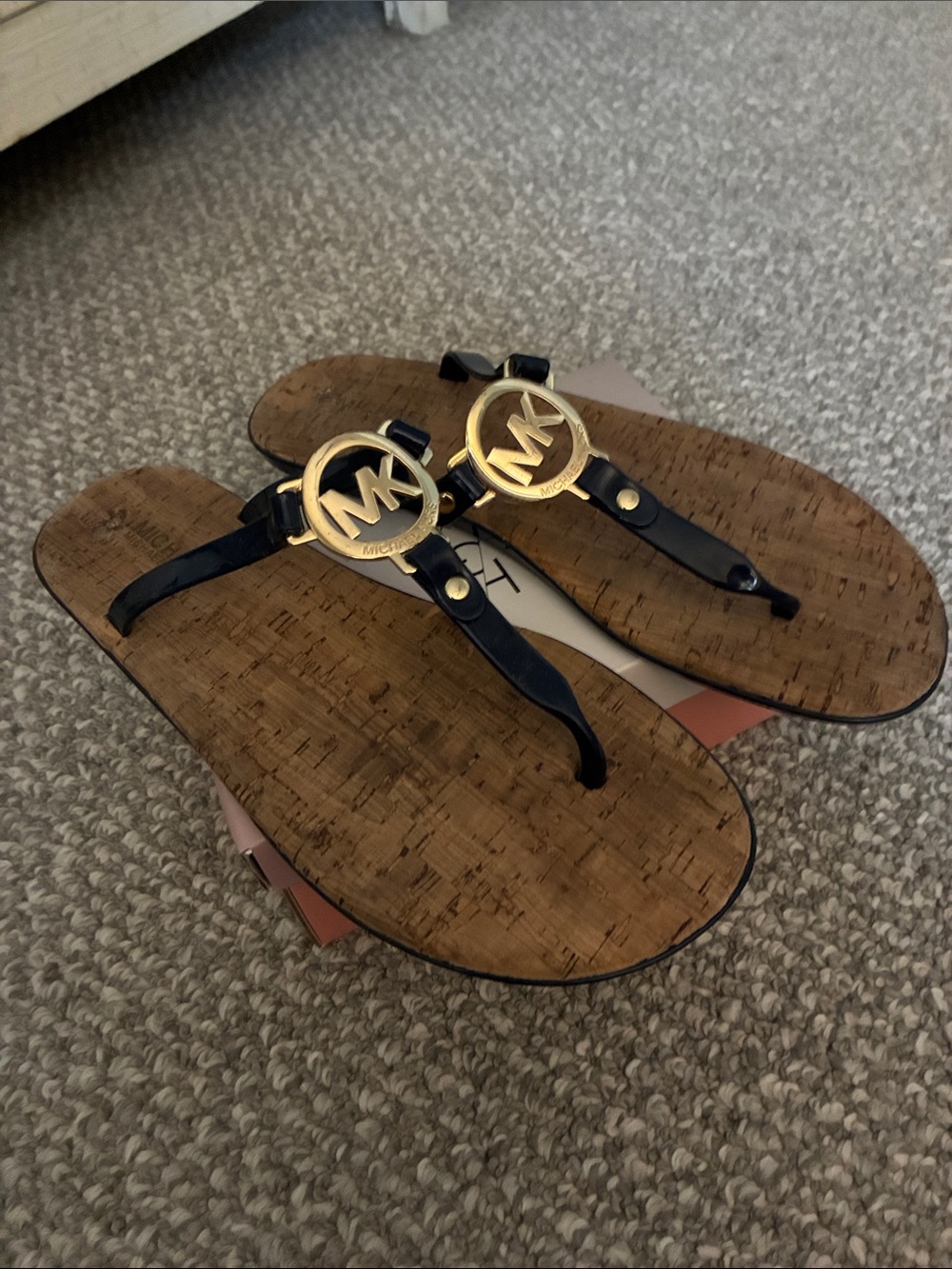 Michael Kors Black and Gold Logo Thong Sandals